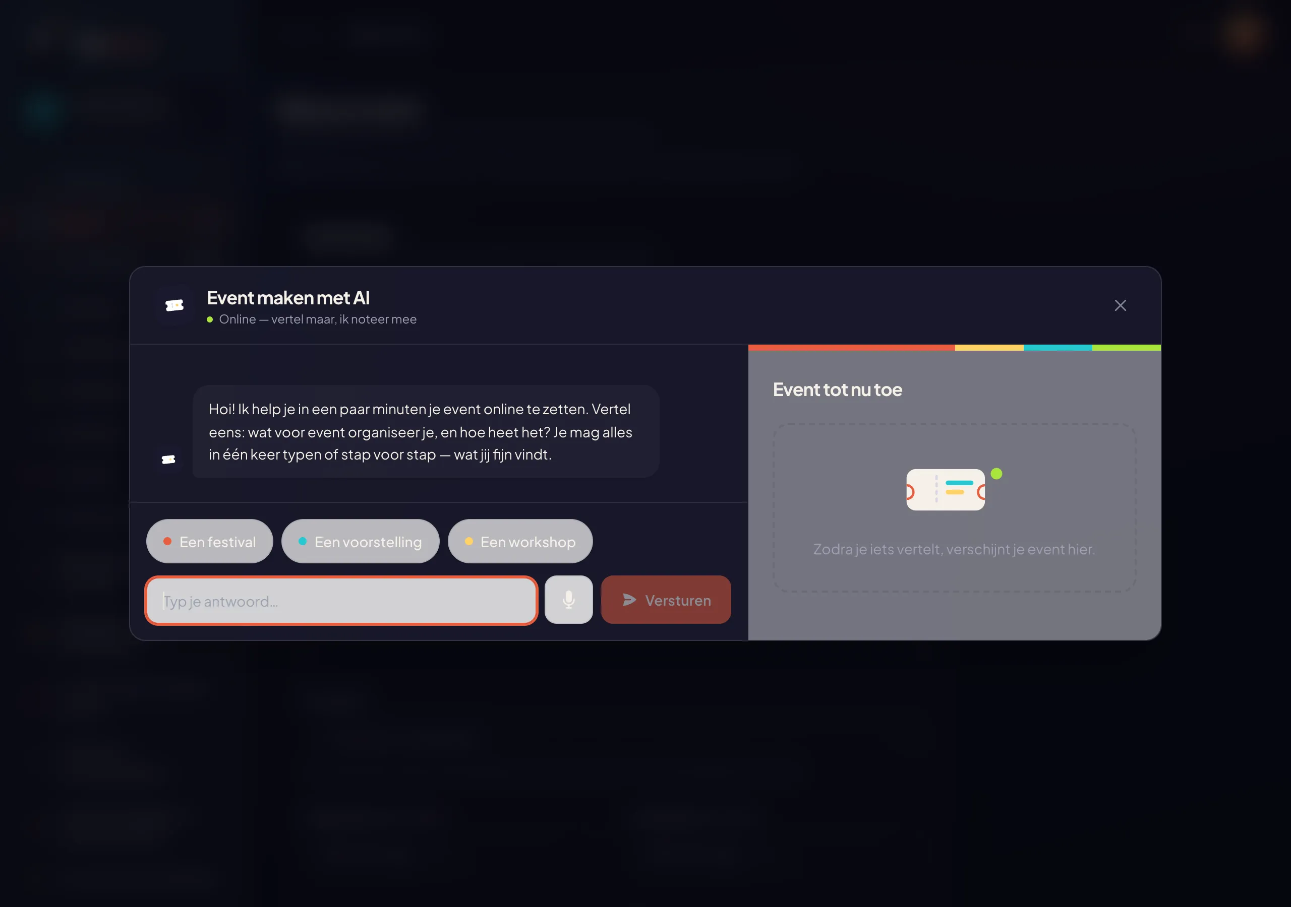De AI-wizard bouwt je event terwijl je in de chat vertelt wat je wilt