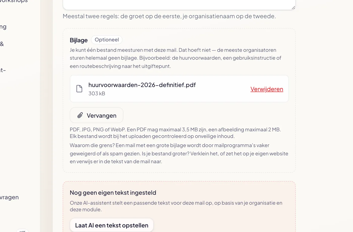 The attachment block in the management area, with an uploaded PDF and the explanation of the limits