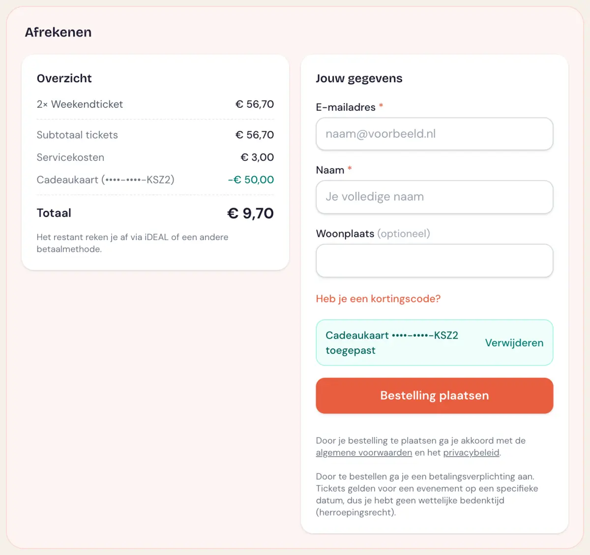 De checkout met een toegepaste cadeaukaart: het tegoed gaat van het totaal af