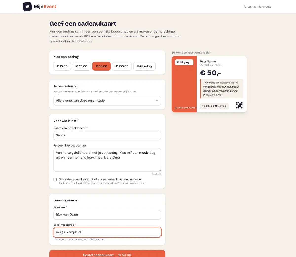 De kooppagina met bedragkeuze, persoonlijke boodschap en live voorbeeld van de kaart