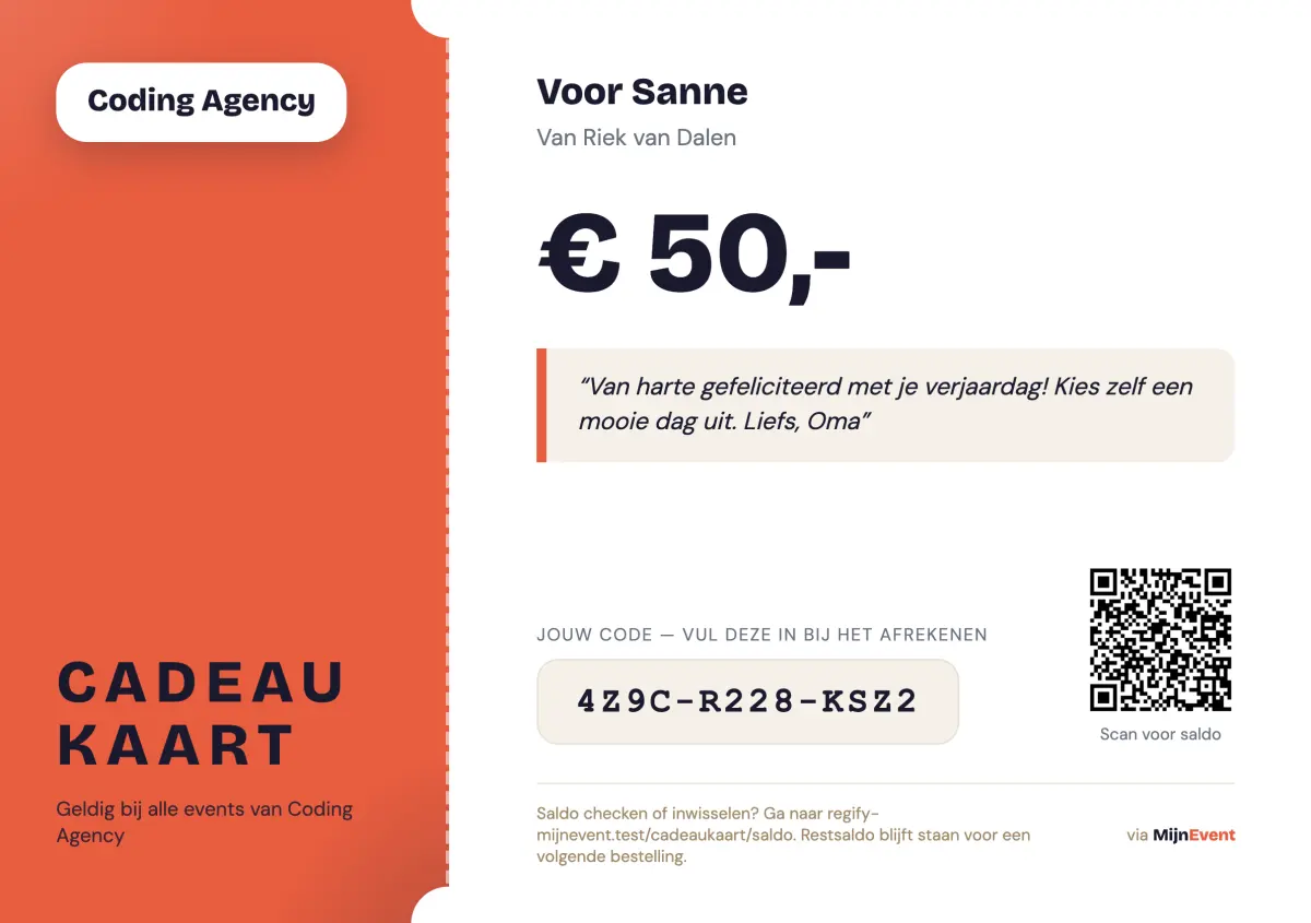 Voorbeeld van de cadeaukaart-PDF in de huisstijl van de organisatie