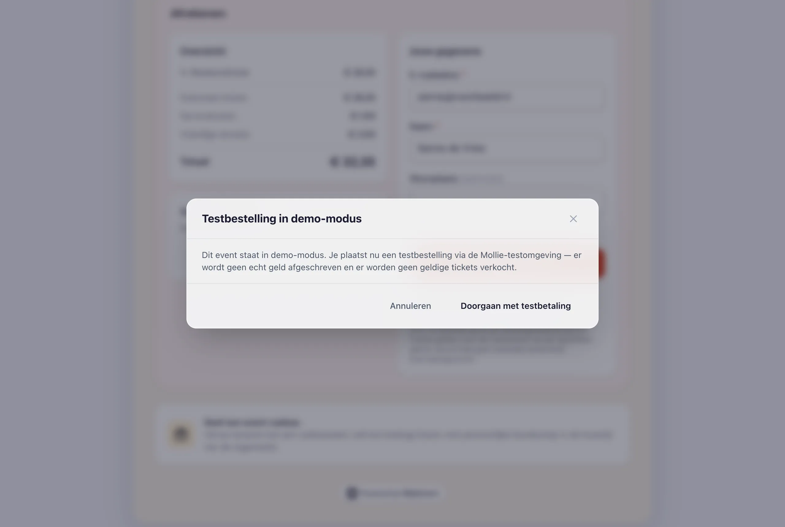 The test-mode notice in the checkout