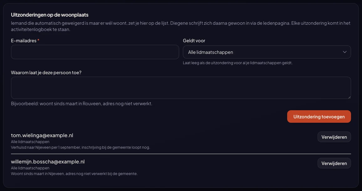 The exception list in the admin panel
