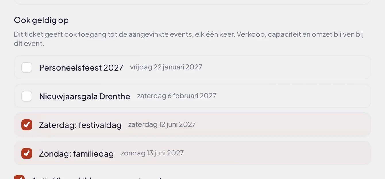 The ticket type form in the dashboard with the Saturday festival day and the Sunday family day ticked under "Also valid at"