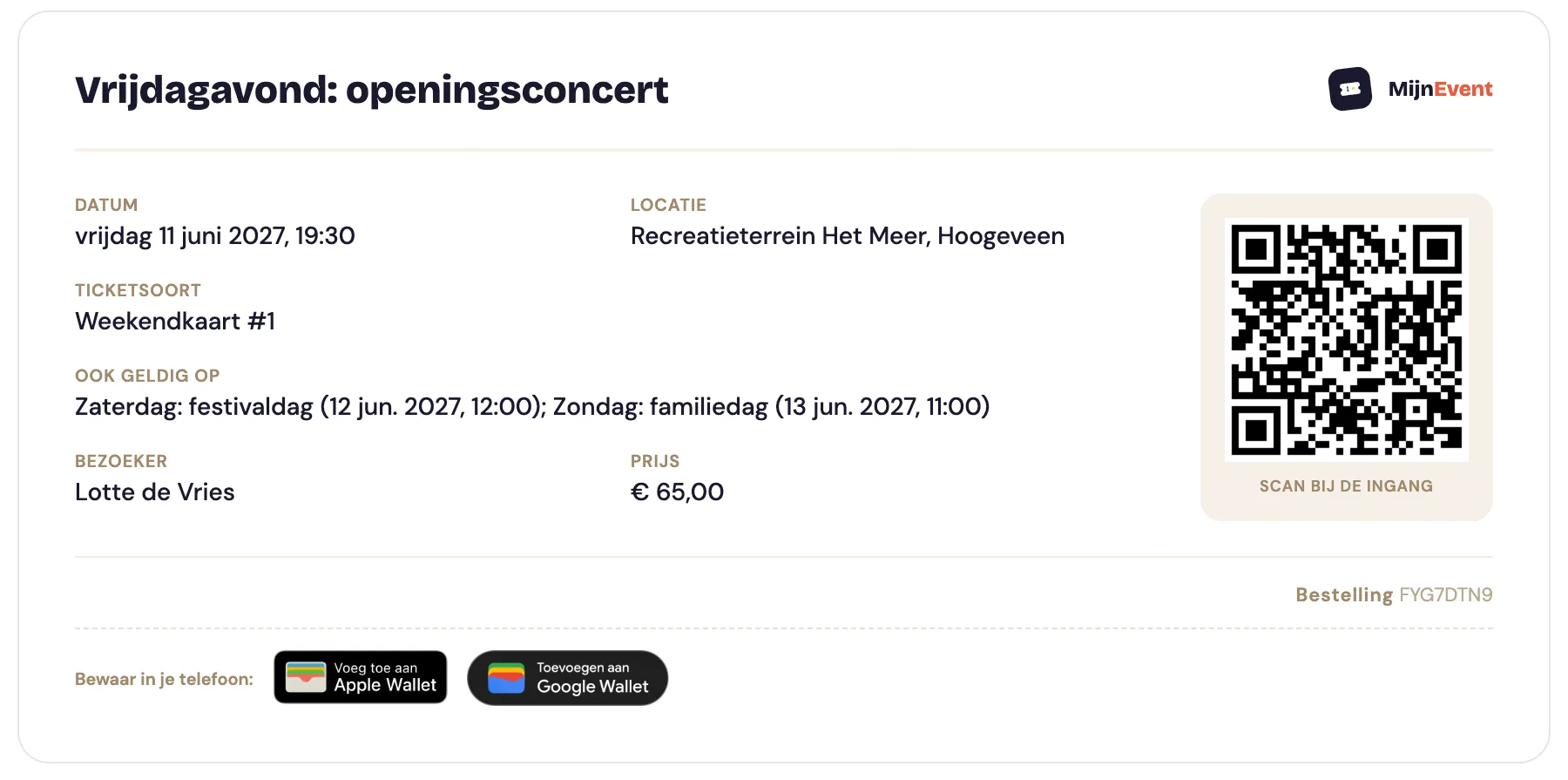 A weekend pass as a PDF ticket with the line "Ook geldig op" listing the Saturday festival day and the Sunday family day with their start times