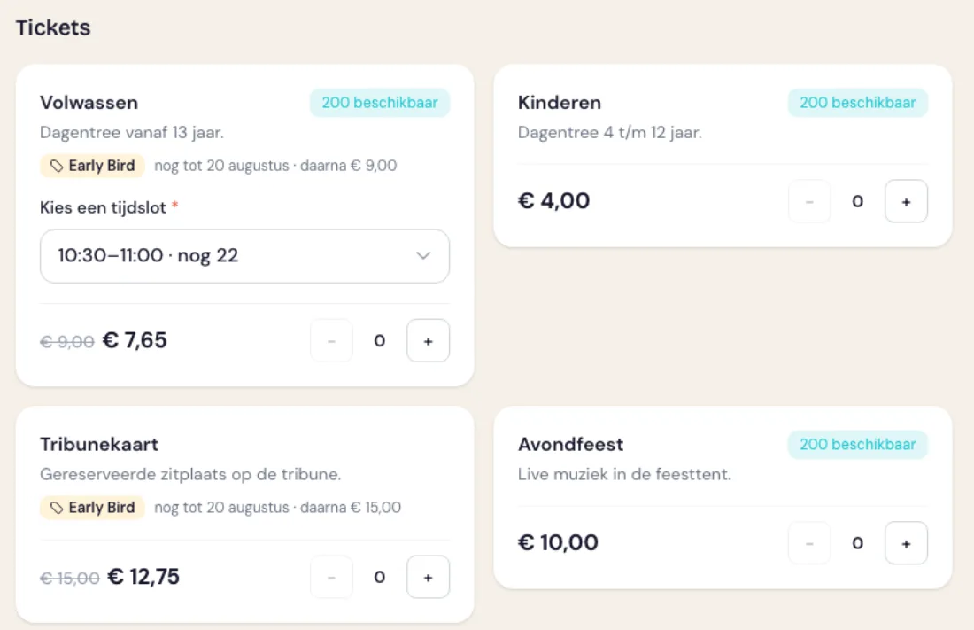 De eventpagina met het label Early Bird, de doorgestreepte prijs en de tekst 'nog tot 20 augustus · daarna € 9,00'