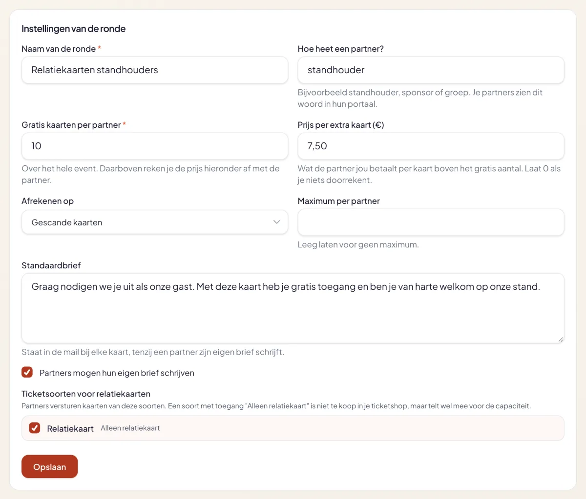 The settings of a partner ticket round: name, what a partner is called, the free quota per partner, the price per extra ticket, settling on scanned tickets, the default letter and the ticket type