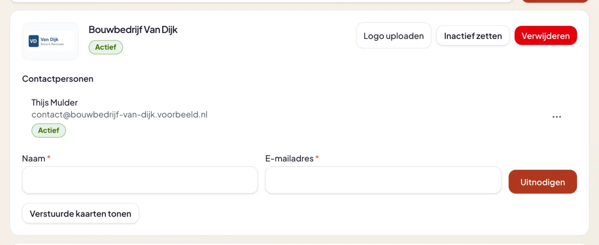 A partner in the dashboard with their logo, the status Active, a contact person and the form to invite a second contact person