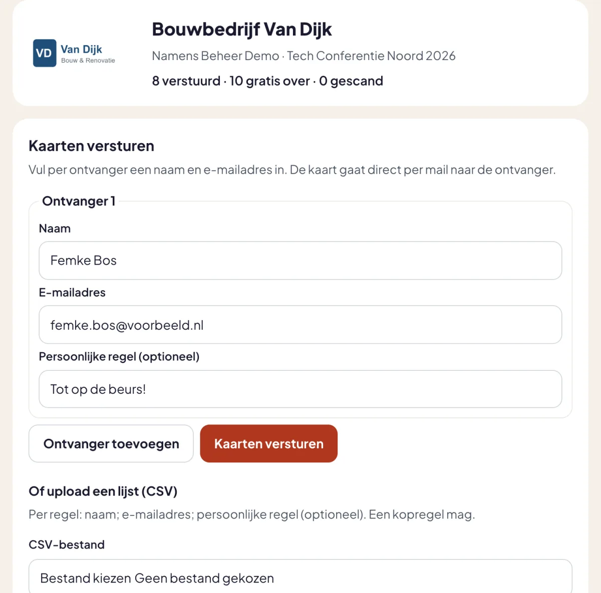 De pagina van een partner met zijn logo, de teller met verstuurde en gratis kaarten, en het formulier om een kaart naar een gast te sturen