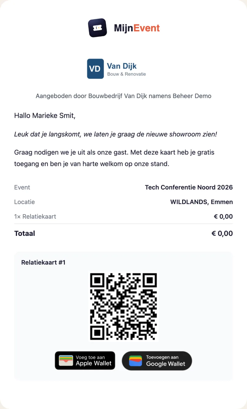 The ticket e-mail of a partner ticket with the partner's logo, the line Offered by, a personal line, the letter and the QR code