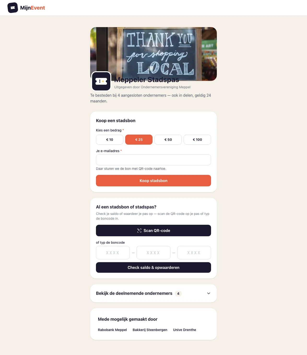 De publieke stadspas-pagina met eigen header-foto, logo, winkels en sponsorsectie