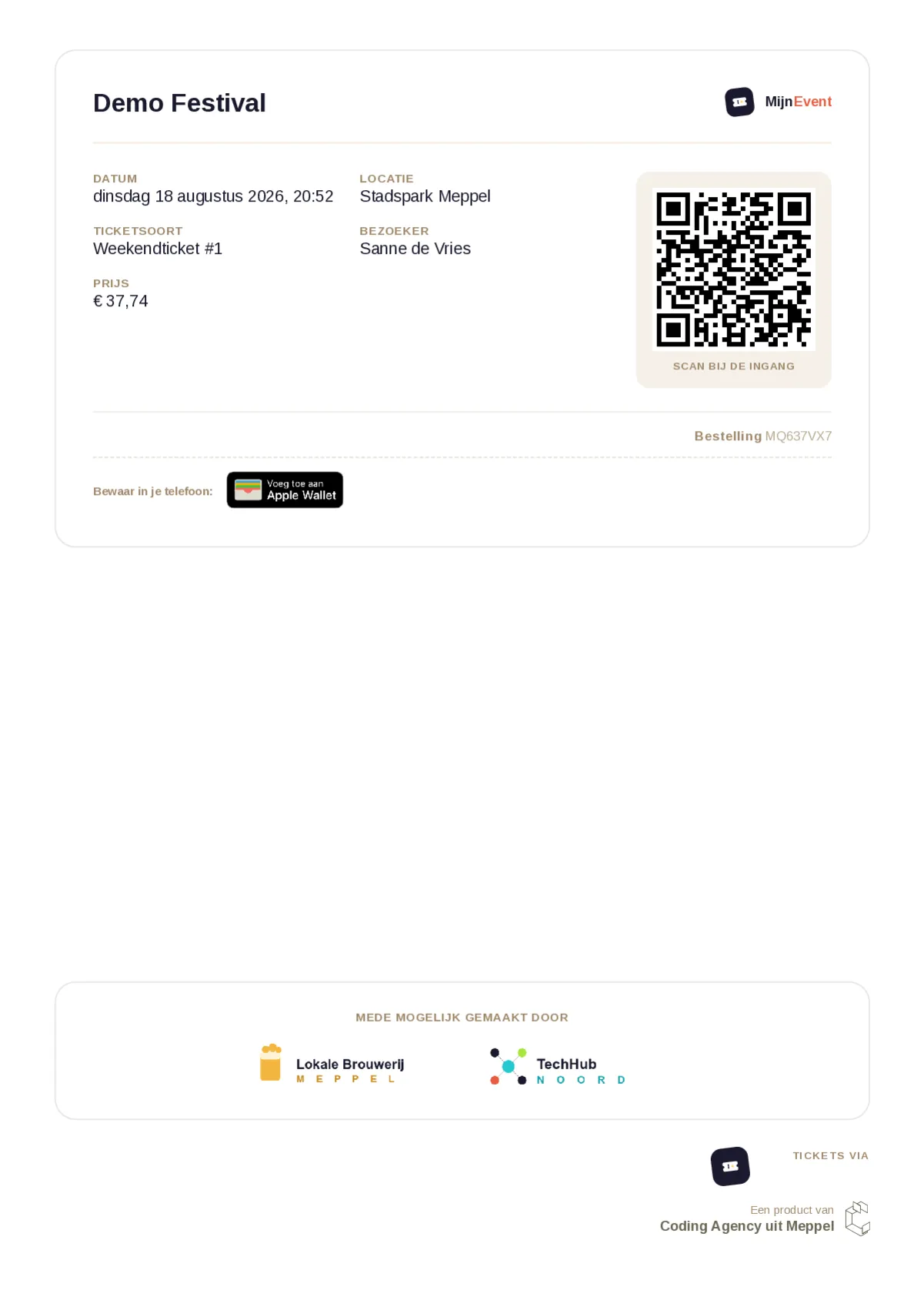 A ticket PDF showing the event name and the organiser’s logo at the top, the event details on the left and a QR code on the right, and along the bottom a band headed “Made possible by” with four sponsor logos side by side.