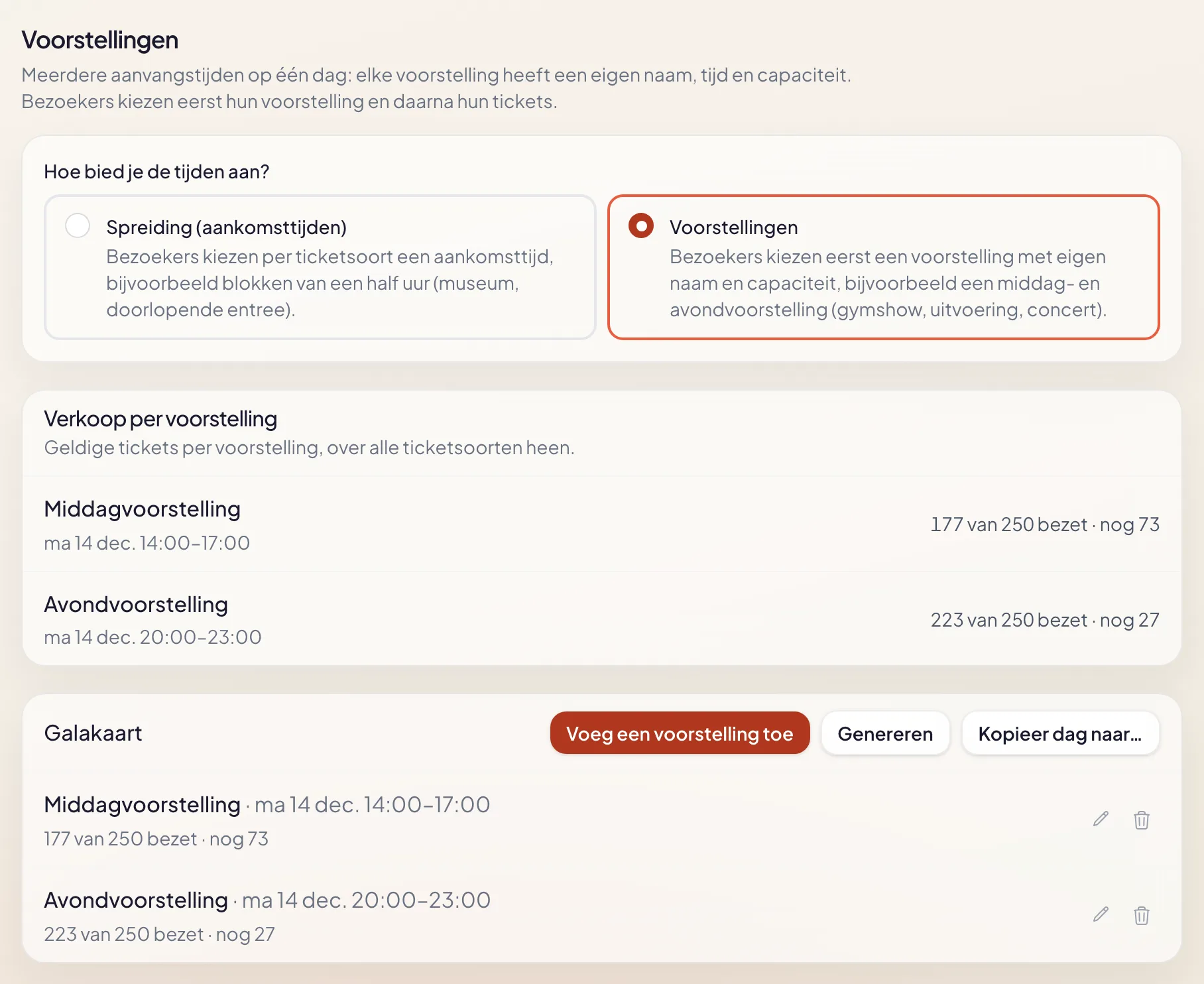 The performances tab in the dashboard, with the choice between spreading and performances and below it a matinee and an evening show on the same day
