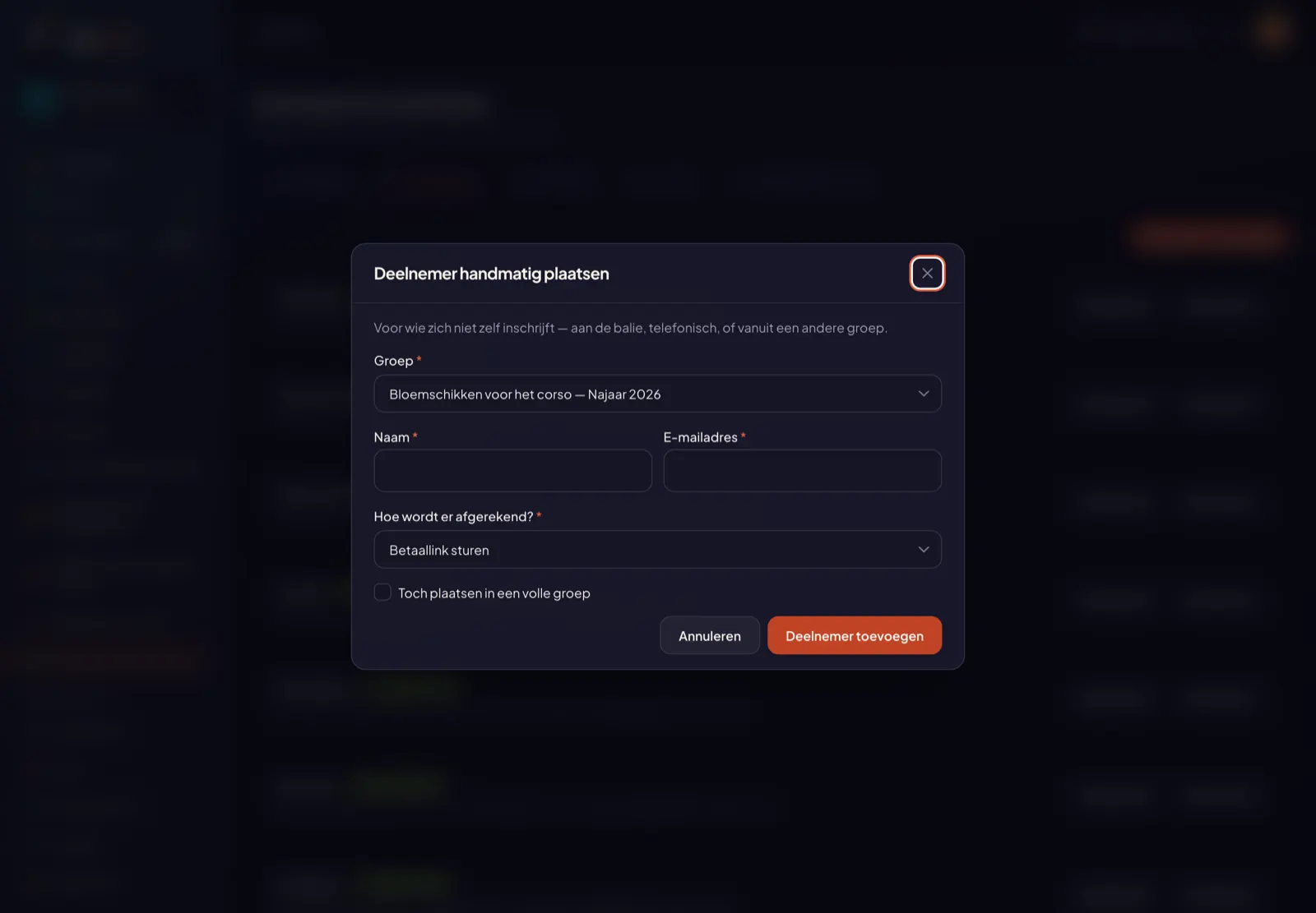 The form for placing someone manually, with the choice of how it is settled