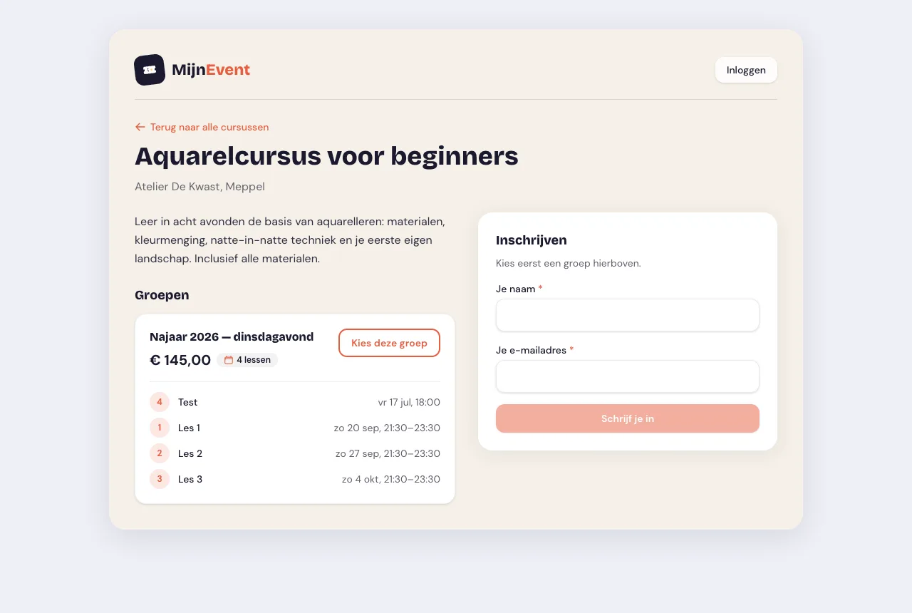 De cursuspagina met groepen en lesrooster