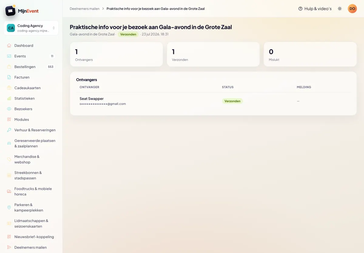 De detailpagina na verzending: status, tellers en de ontvangerslijst met gemaskeerde e-mailadressen