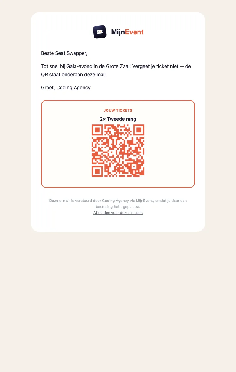 De mail die je bezoeker ontvangt: jouw bericht met zijn eigen tickets en QR-code eronder