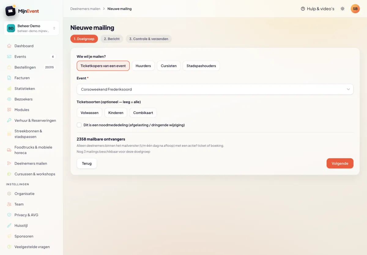 De wizard met live telling: kies je doelgroep en zie direct hoeveel mailbare ontvangers je bereikt