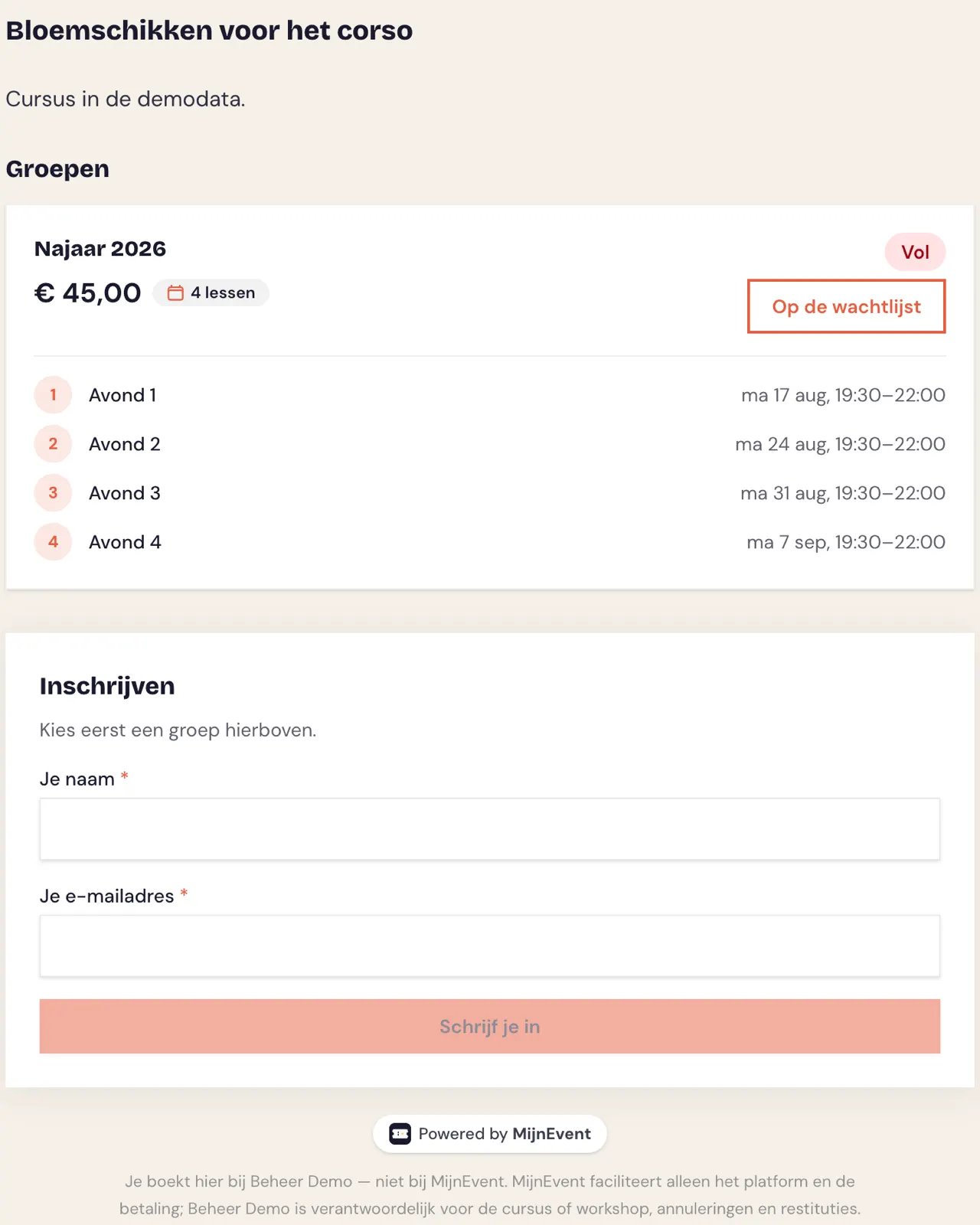 A single course as a widget: the groups with their dates, and the sign-up form below