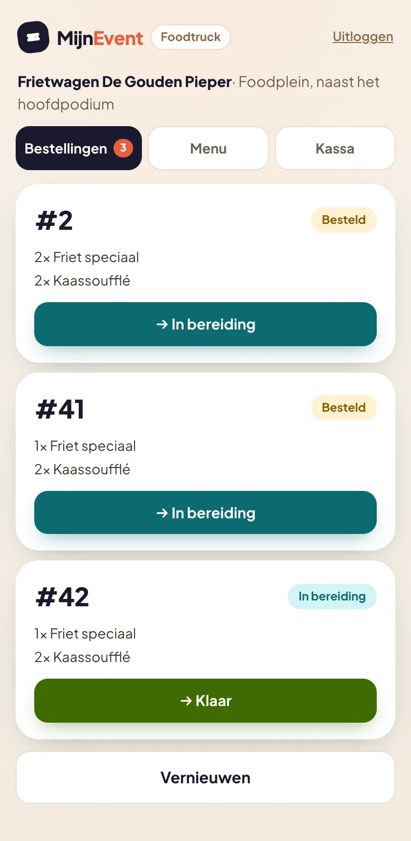 The order queue in the food truck portal