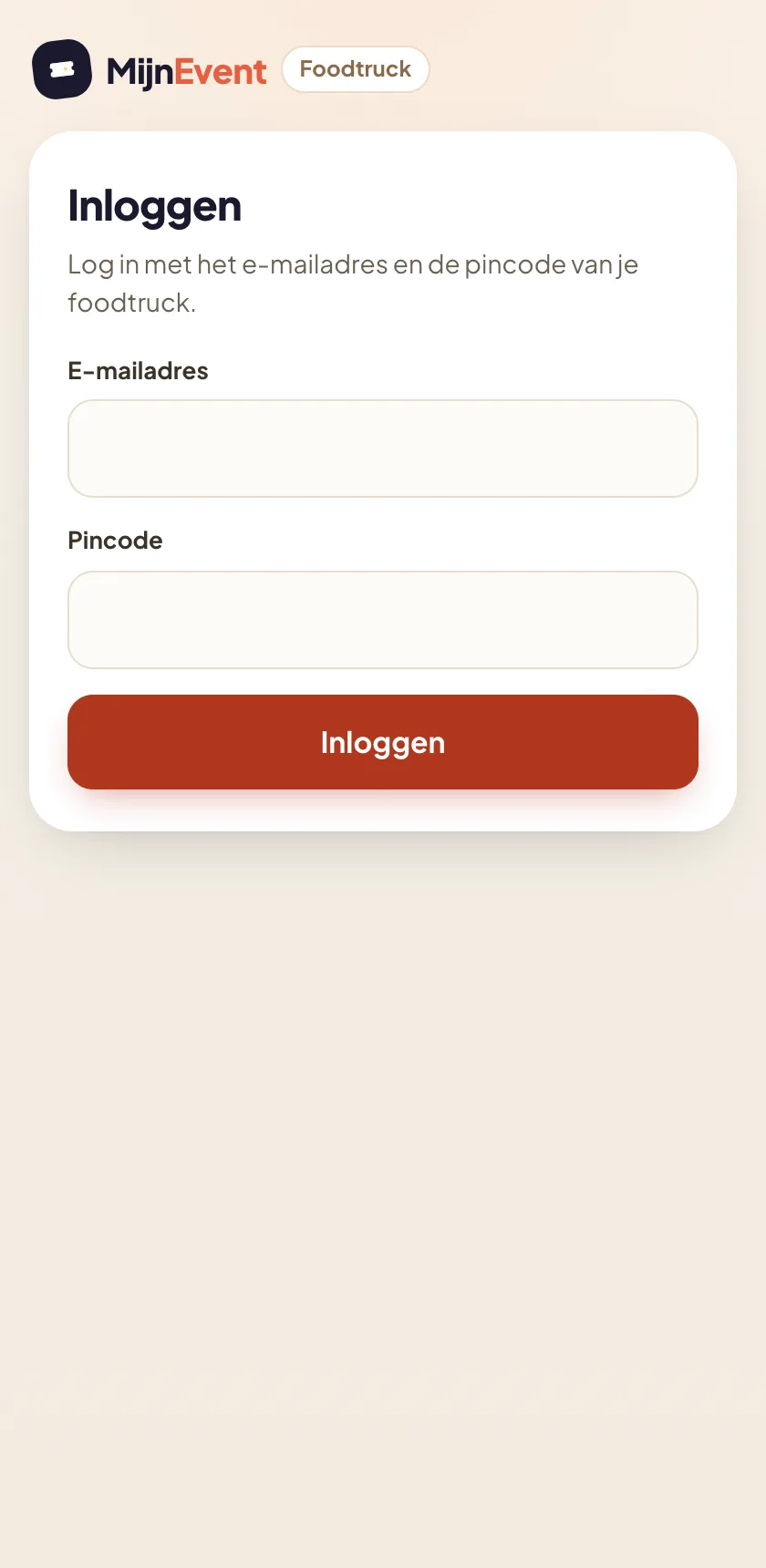The food truck portal login screen