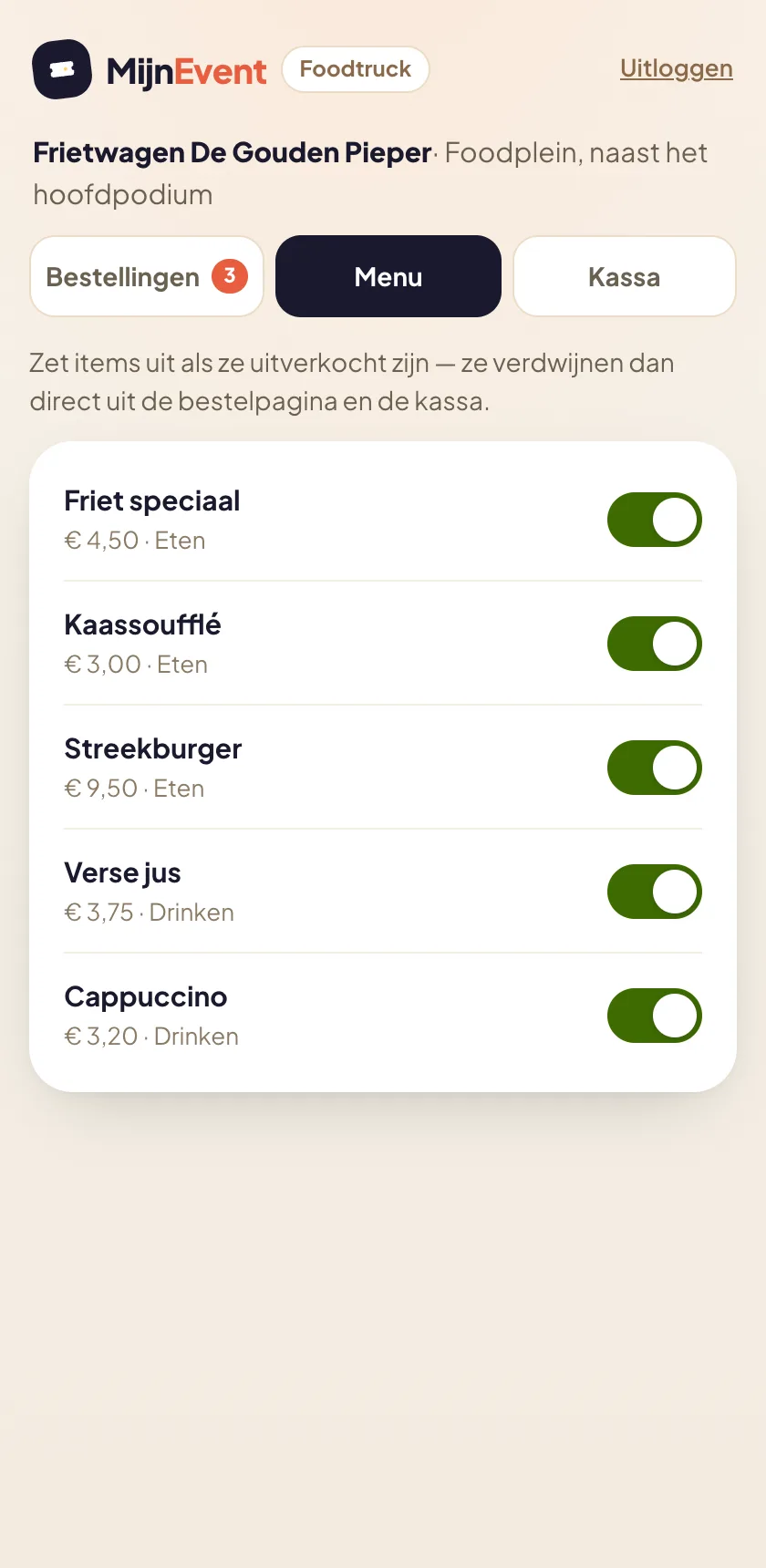 The menu tab with availability toggles