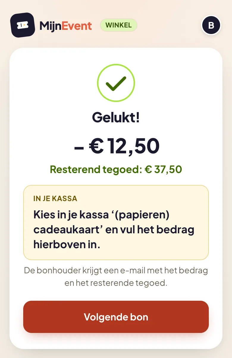 The result screen with the redeemed amount and the instruction for the till