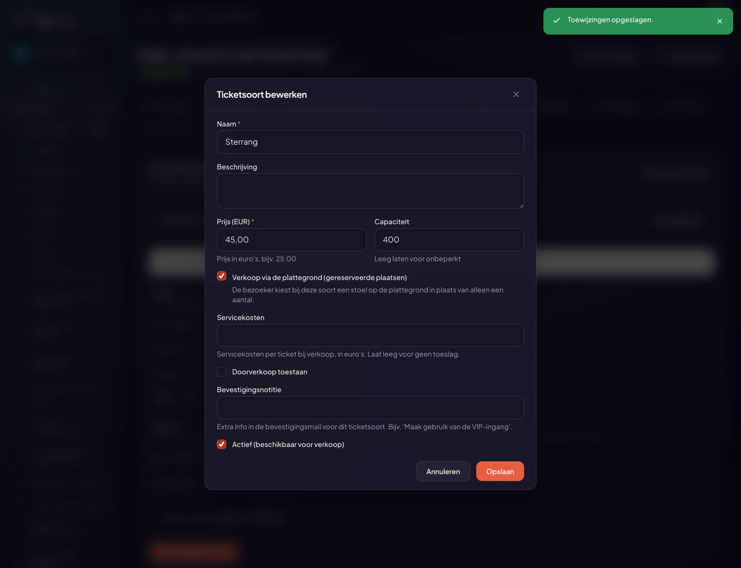De ticketsoort-editor met het nieuwe vinkje 'Verkoop via de plattegrond'