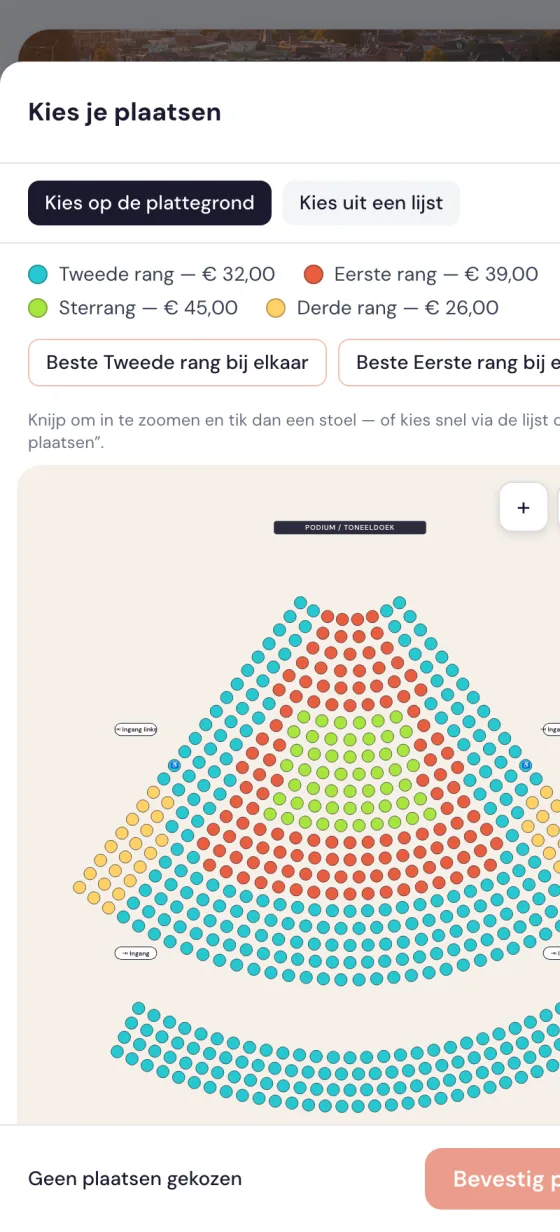 Op mobiel: knijp om in te zoomen en tik een stoel, of kies snel via de lijst of "beste plaatsen"