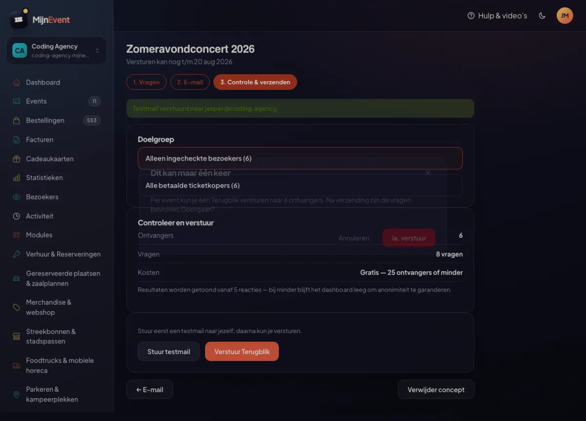 De controlestap: doelgroepkeuze, aantallen, kosten en de bevestiging dat het maar één keer kan