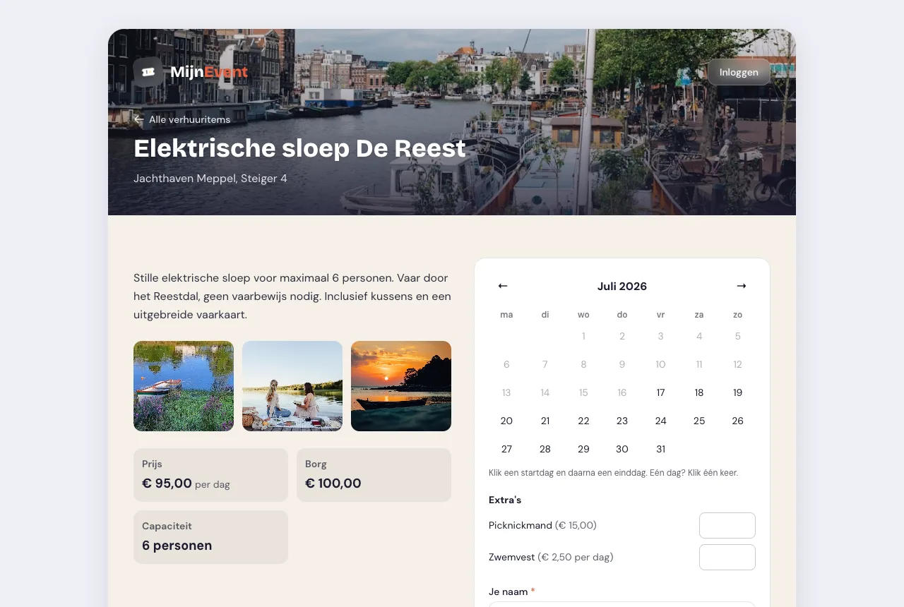 De publieke verhuurpagina met boekingswidget en live prijsopgave