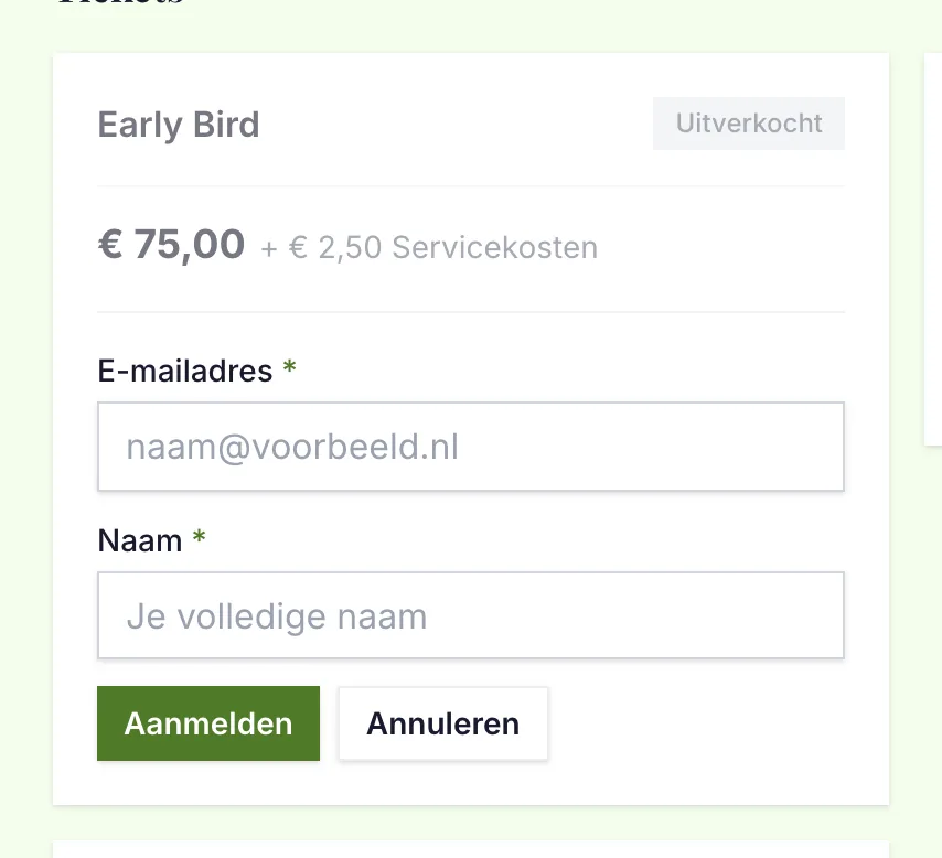 The event page for a sold-out ticket type: signing up for the waiting list with a name and an email address